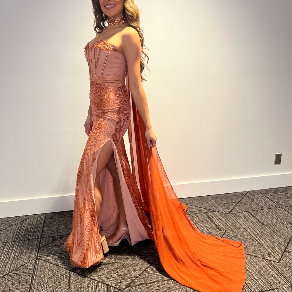 Orange Evening Gown with Neck Cape